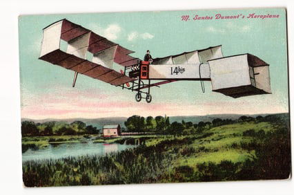 M. Santos Dumont's Aeroplane "14bis" in Flight Over Landscape, Early 20th Century Aviation