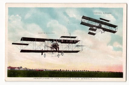 Curtis and Farman Biplanes in Flight Over Aviation Field, Mineola, L.I. Early Aviation Era