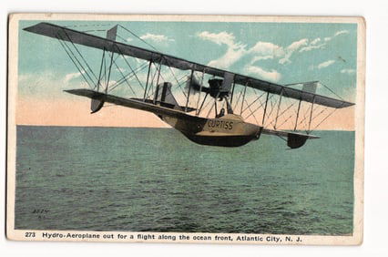 Curtiss Hydro-Aeroplane in Flight Over Ocean, Atlantic City, N.J., Early 20th Century View.