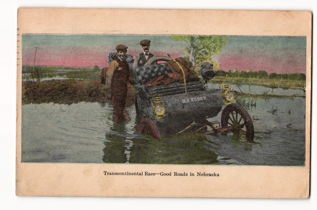 Two Men with 'Old Scout' Automobile Stuck in Mud, Transcontinental Race, Nebraska, ca. 1906 (1 of 2)