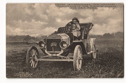 Leona Teichgraeber, Youngest Kansas Chauffeur, Posing in an Early Ford Automobile, c. 1910s