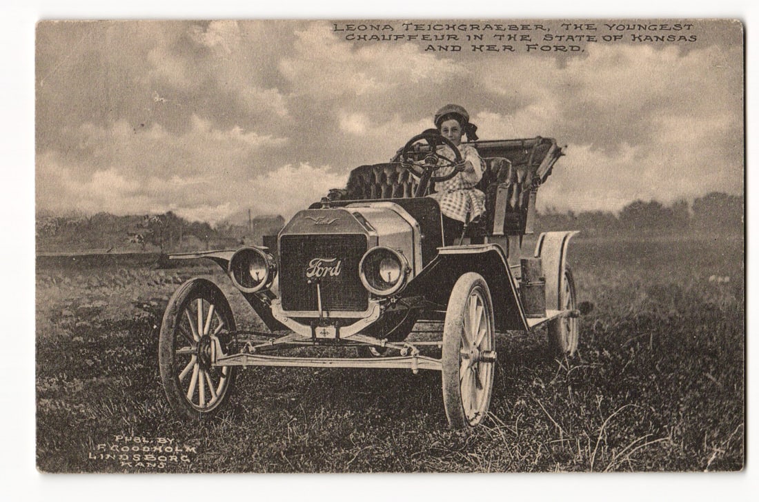 Leona Teichgraeber, Youngest Kansas Chauffeur, Posing in an Early Ford Automobile, c. 1910s (1 of 2)