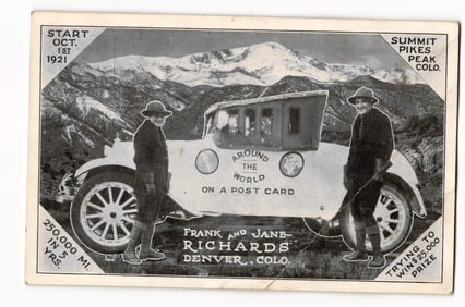 Frank & Jane Richards, "Around the World on a Post Card" Car, Summit Pikes Peak, Colo. 1921