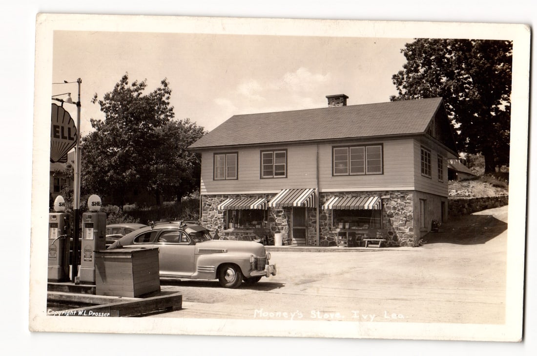 Mooney's Store with 1940s Sedan, Ivy Lea, Ontario, Shell Gas Pumps, Mid-Century Photograph (1 of 2)