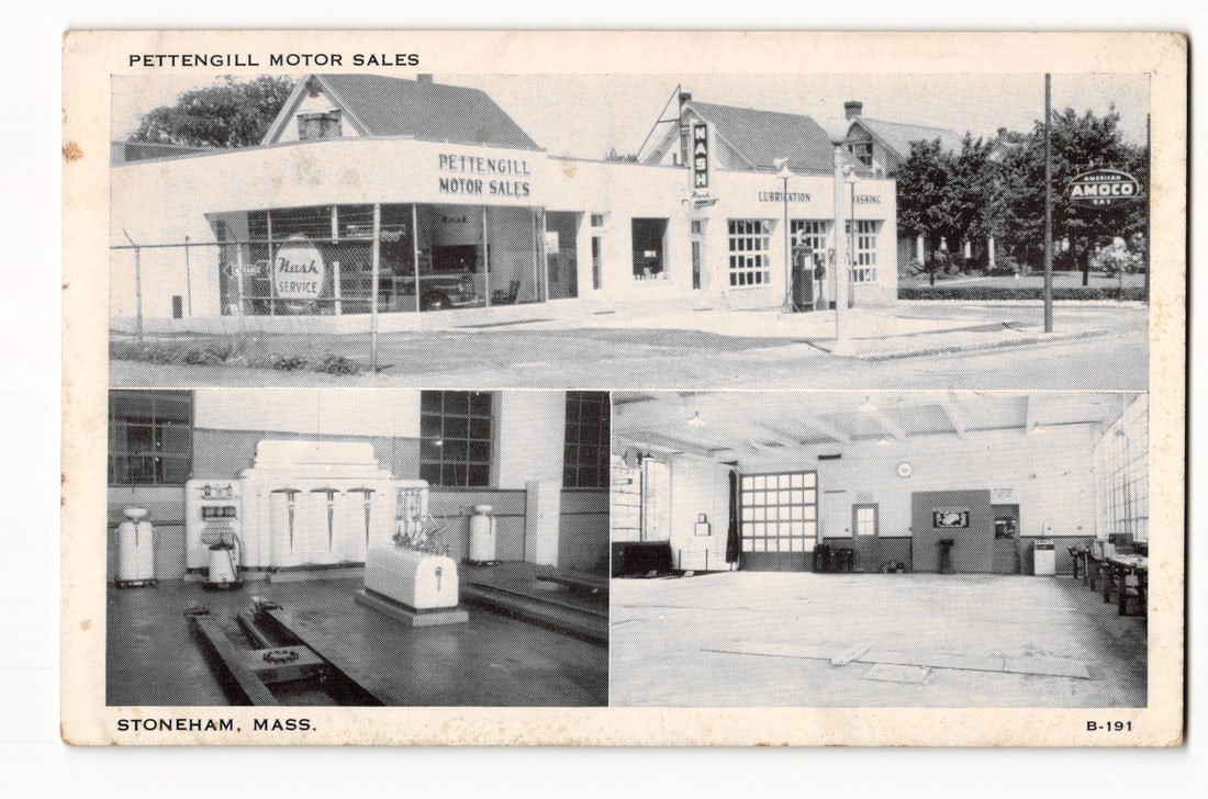 Pettengill Motor Sales, Nash Dealer, Exterior & Interior Views, Stoneham, Massachusetts c.1950s: The front of this printed postcard features a three-panel layout with black and white photographic views, surrounded by a white border. The top, largest panel displays an exterior, angled, street-leve
