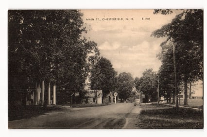Main Street, Chesterfield, N.H., Antique Sepia Photograph, Tree-Lined Road, Classic Car.