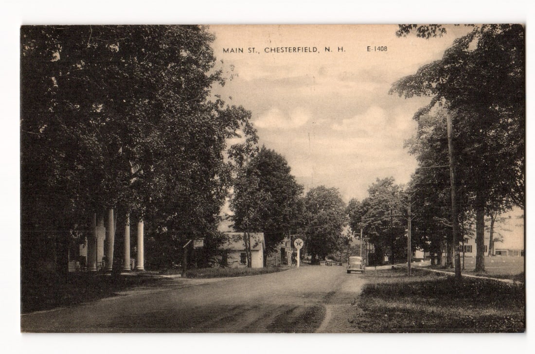 Main Street, Chesterfield, N.H., Antique Sepia Photograph, Tree-Lined Road, Classic Car. (1 of 2)