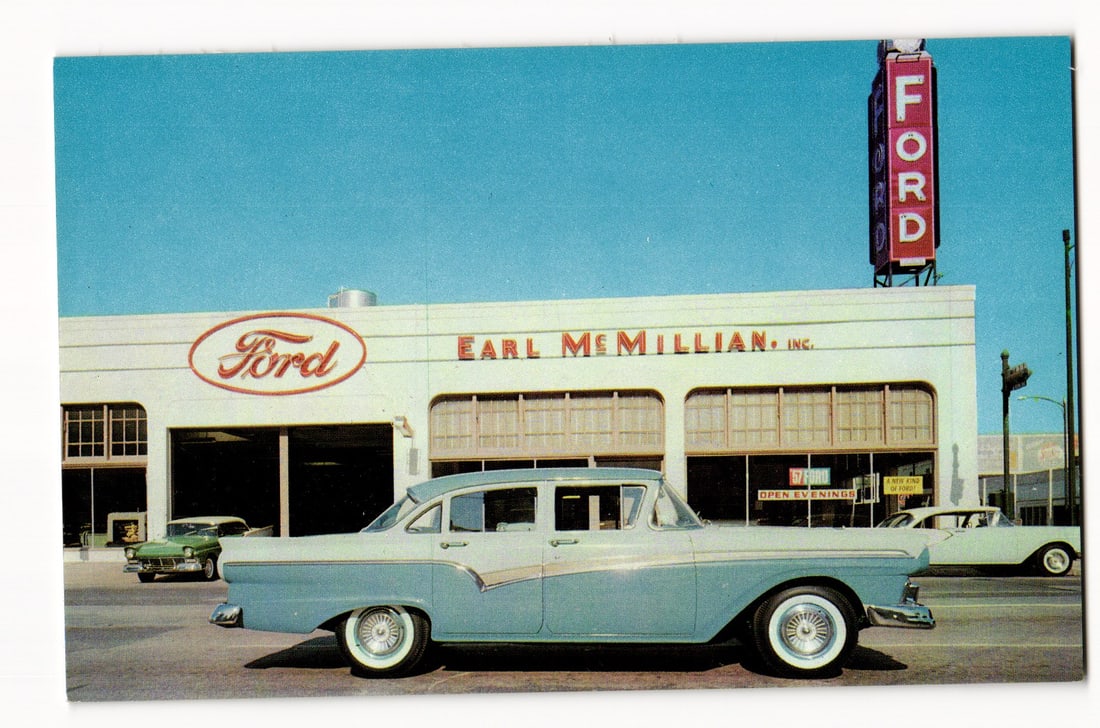 Earl McMillian Inc. Ford Dealership, Houston, Texas, with 1957 Ford Fairlane Sedan (1 of 2)