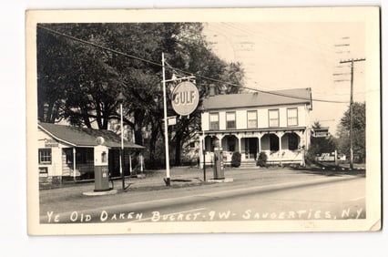 RPPC Ye Old Oaken Bucket & Gulf Gas Station, Route 9W, Saugerties, New York, c. 1949.