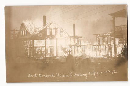 Real Photo Postcard, West Concord House Burning, Structure Engulfed in Flames, Apr. 22, 1912