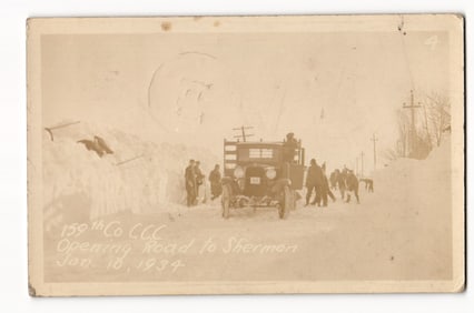 159th Co CCC Clearing Snow on Road to Sherman, Maine, January 18, 1934, Truck, Workers