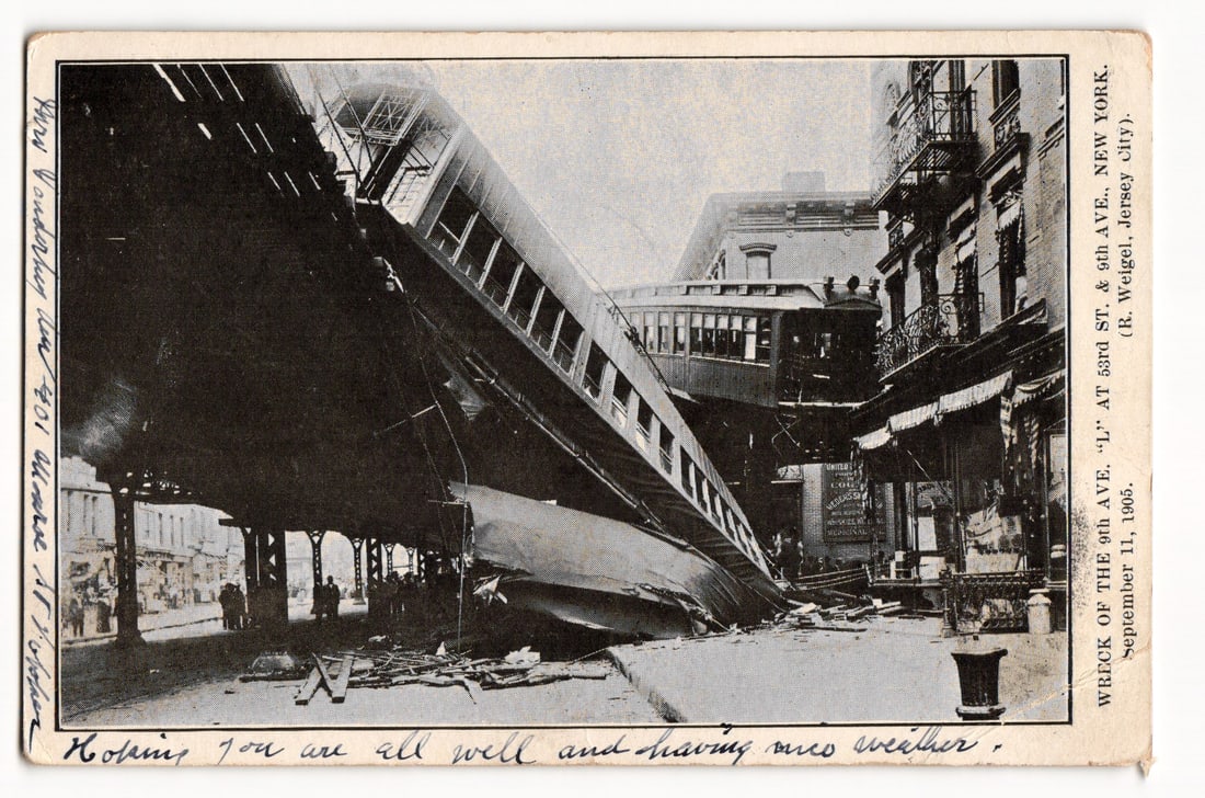 New York City Elevated Train Wreck, 9th Ave. 'L' at 53rd St., September 11, 1905 Postcard (1 of 2)