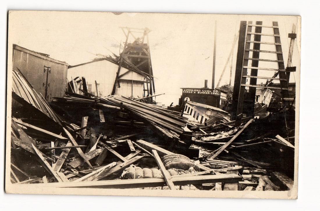 RPPC Aftermath of Hurricane Damage, Cumberland Coal Co. Buildings, Mobile, Alabama, July 5, 1916. (1 of 2)