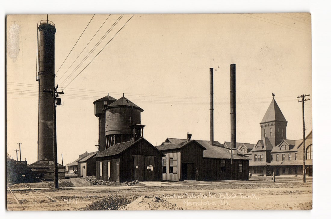 Mendota, Illinois: Water Works & C B & Q Tank, Early 20th Century Industrial Buildings RPPC (1 of 2)