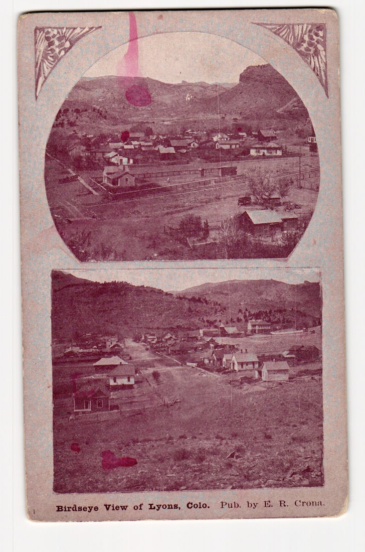 Dual Birdseye Views of Lyons, Colorado. Published by E. R. Crona. Early Photographic Print.: The front of the postcard features two distinct photographic views of a town, printed in a monochrome magenta or reddish-brown hue. The top image is presented within a circular frame, which itself is