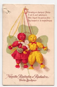 Nenette, Rintintin & Radadou Yarn Dolls, French Porte-Bonheur, WWI Era Good Luck Charms Card