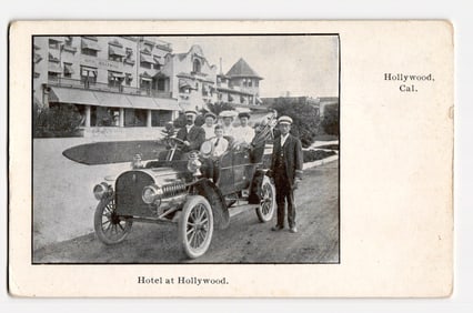Hotel Hollywood, California: Group in Early Automobile in Front of Hotel Building, ca. 1900s-1910s
