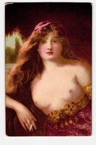 Artistic Portrait of Woman with Long Hair, Cigarette, and Ornate Garb, Early 20th Century