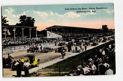Indianapolis Motor Speedway: Pre-Race Scene with Antique Cars and Spectators, Indiana, c.1910s
