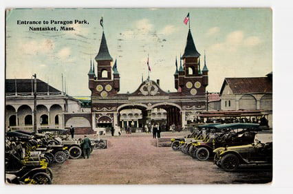 Entrance to Paragon Park, Nantasket, Mass., with Early Automobiles and Pedestrians, ca. 1912.