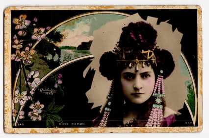 Reutlinger Paris Postcard of Rose Caron in Elaborate Headdress, Art Nouveau Floral Motif