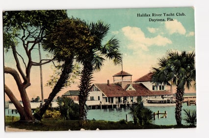 Halifax River Yacht Club, Daytona, Florida. Waterfront View with Palm Trees & Boat, c. 1914
