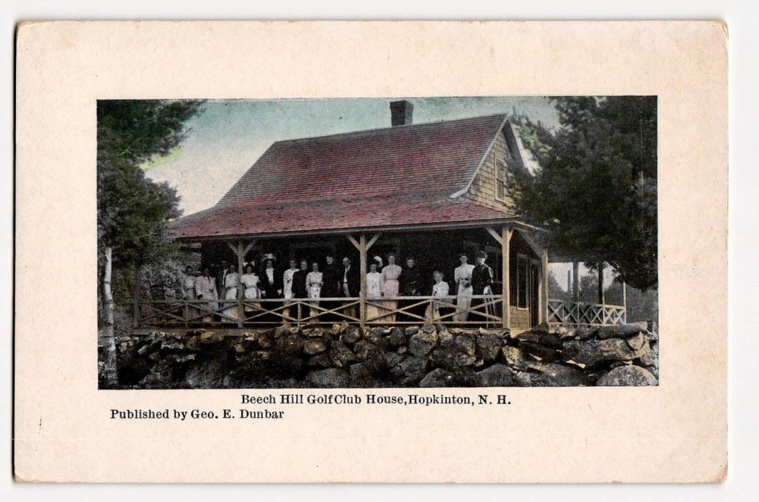 Beech Hill Golf Club House, Hopkinton, N. H., People on Porch, Early 20th Century View: The front of the postcard features a colorized photographic image of the Beech Hill Golf Club House. The structure is a wooden building with a gabled, shingled roof and a prominent covered porch suppo