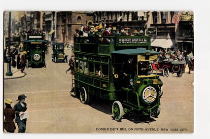Fifth Avenue Double Deck Bus, New York City, Early 20th Century Street View with Automobiles