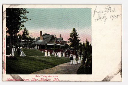 Kebo Valley Golf Club, Bar Harbor, Maine. View of Clubhouse and Figures on Lawn, c. 1905.