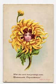 Mademoiselle Chrysanthemum Woman's Face in Yellow Flower, Anthropomorphic Illustration, 1908
