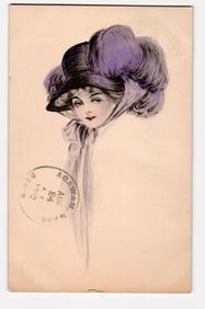 Woman in Purple Plumed Hat Illustration, Indian Orchard, MA Postmark 1910, Agawam Recipient