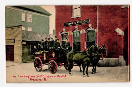 Providence, RI: Fire King Hose Co. Nº3, Horse-Drawn Fire Wagon with Crew on Pond St., c.1895