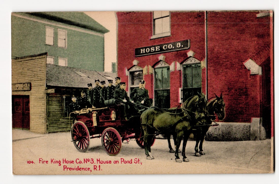 Providence, RI: Fire King Hose Co. Nº3, Horse-Drawn Fire Wagon with Crew on Pond St., c.1895 (1 of 2)