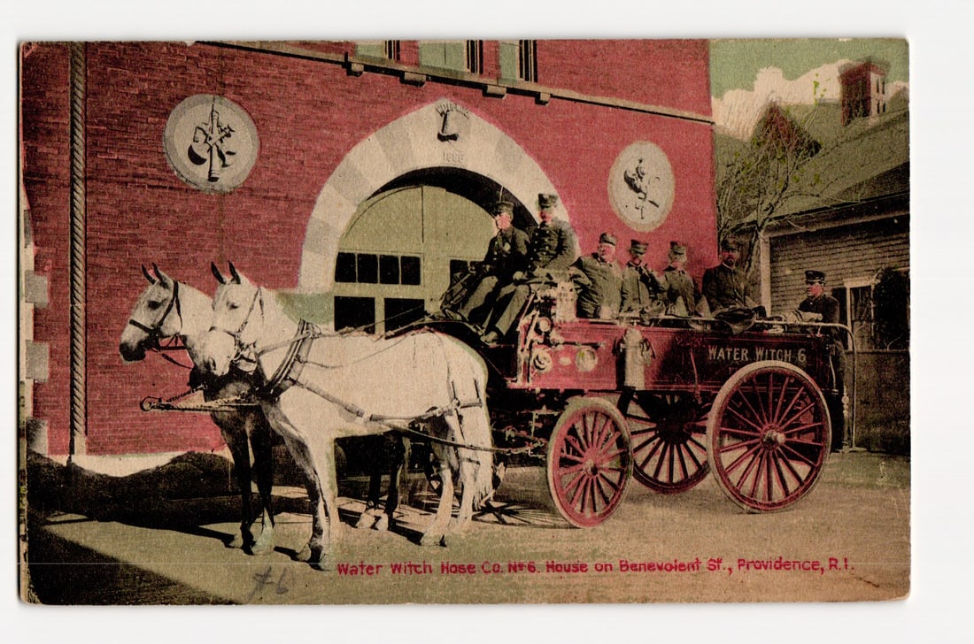 Water Witch Hose Co. No. 6, Horse-Drawn Fire Wagon, Benevolent St., Providence, R.I. c.1898 (1 of 2)