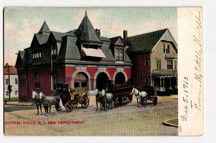 Central Falls, R.I. Fire Department, Exterior with Two Horse-Drawn Fire Wagons, Dated 1910
