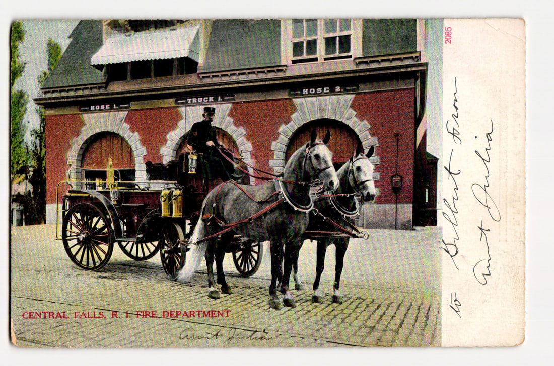 Central Falls, R.I. Fire Department, Two-Horse Drawn Fire Apparatus and Fireman, ca. 1900s. (1 of 2)
