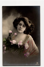 Portrait of a Woman with Dark Hair Holding Pink and White Roses, Tinted Photograph, ca. 1910s