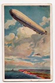 Illustration: Zeppelin Airship in Flight Over Coastline, Small Biplane & Ship Below, Schulze