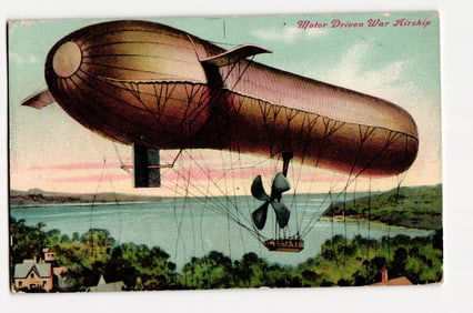 Motor Driven War Airship, Illustrated Dirigible Over Water and Landscape, Early 20th Century