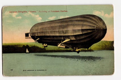 German Dirigible "Hansa" Arriving at Potsdam Harbor, Early 20th Century Airship Over Water.