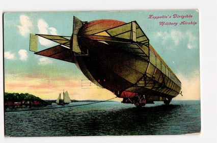 Color Illustration of Zeppelin's Dirigible Military Airship Over Water with Sailboat, Early Postcard