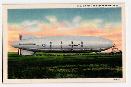 U.S.S. Macon Airship Moored at Mast, Akron, Ohio, Early 20th Century, Colorized Lithograph