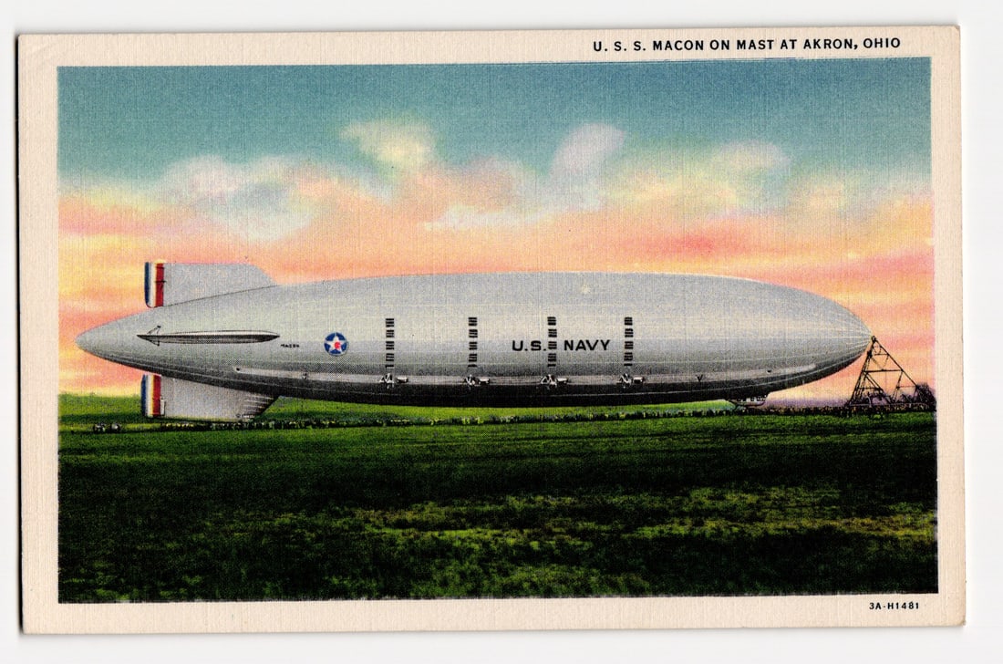 U.S.S. Macon Airship Moored at Mast, Akron, Ohio, Early 20th Century, Colorized Lithograph (1 of 2)