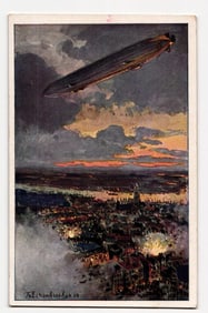 Zeppelin Bombing Antwerp at Dusk, Artwork by Th. Eckenbrecher, 1914, German Air Fleet Assoc.