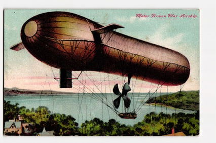 Illustration of a Motor Driven War Airship in Flight Above a Body of Water and Forested Hills