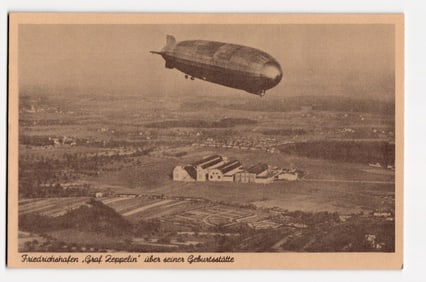 Friedrichshafen: Airship "Graf Zeppelin" over its Geburtsstätte, Aerial Photographic View.