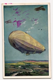 WWI Era German Airship "Zank" & Biplanes, Artwork by Prof. Hans Rudolf Schulze, Berlin
