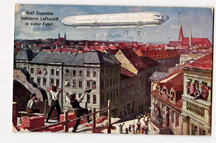 Graf Zeppelin's Steerable Airship in Full Flight Over a City, Early 20th C. Lithograph