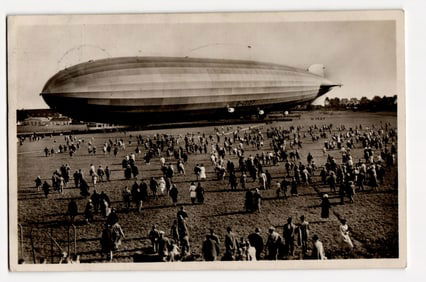 Graf Zeppelin D-LZ127 Airship Landed in Field, Large Crowd Viewing, German RPPC c.1930s