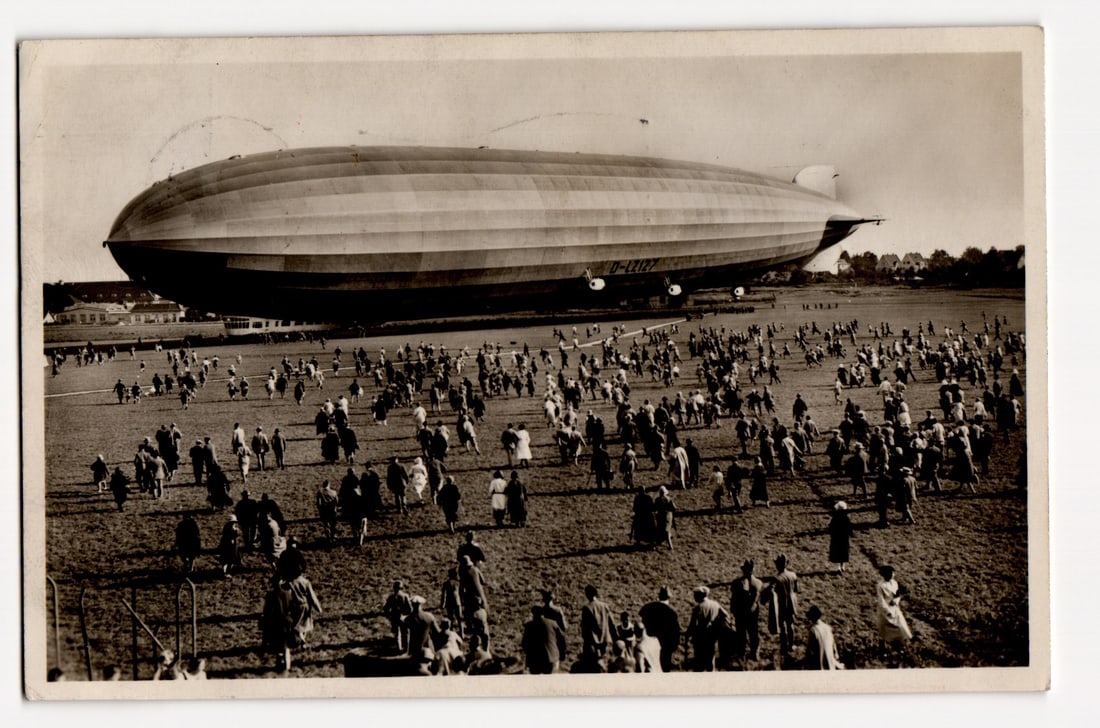 Graf Zeppelin D-LZ127 Airship Landed in Field, Large Crowd Viewing, German RPPC c.1930s (1 of 2)
